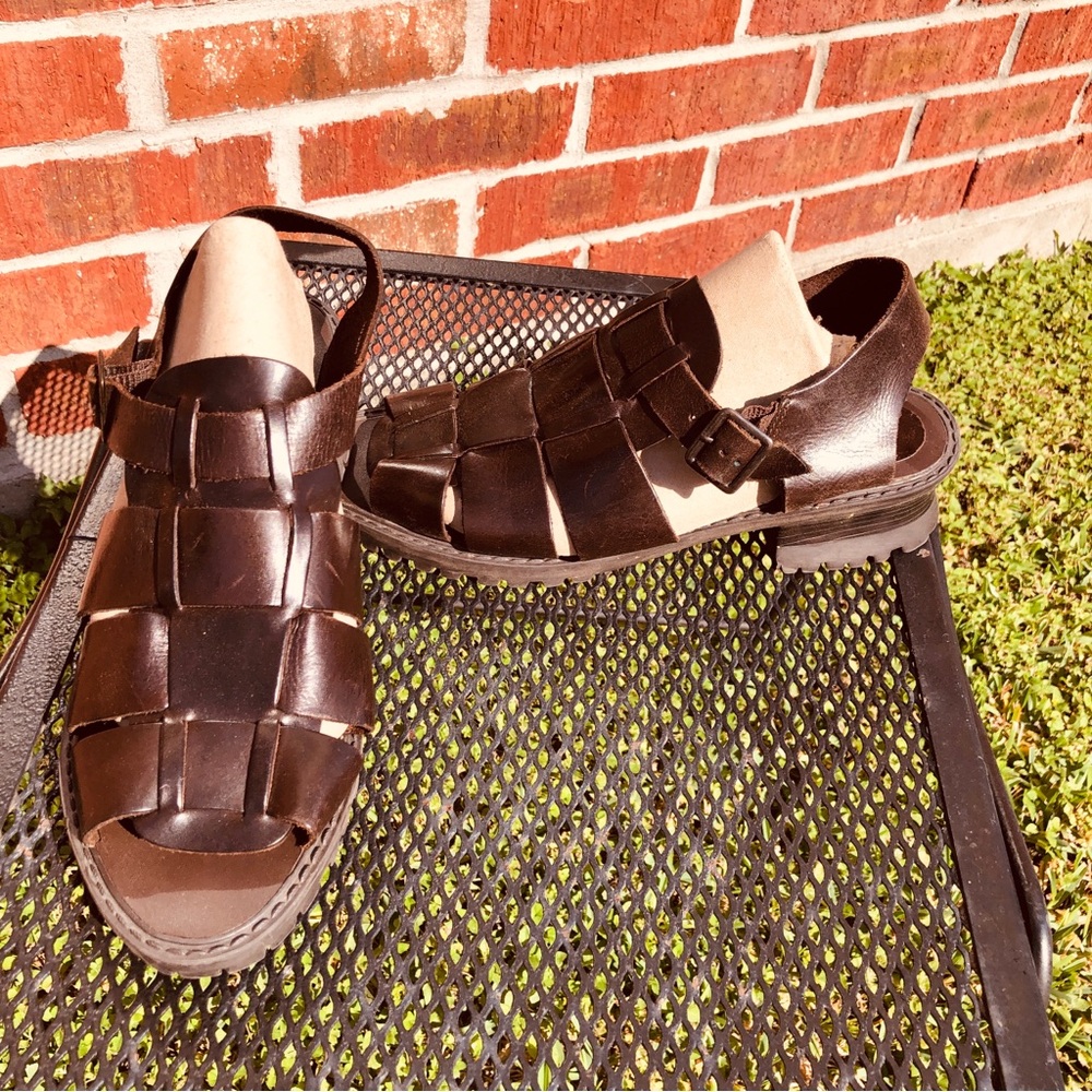 90s woven dark brown leather open toe block chunk heel sandals 12M